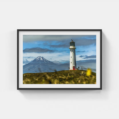 Cape Egmont Lighthouse with Taranaki Volcano, New Zealand